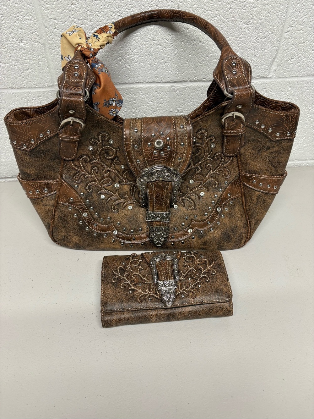 Embroidered Brown Buckle Tote with Matching Wallet